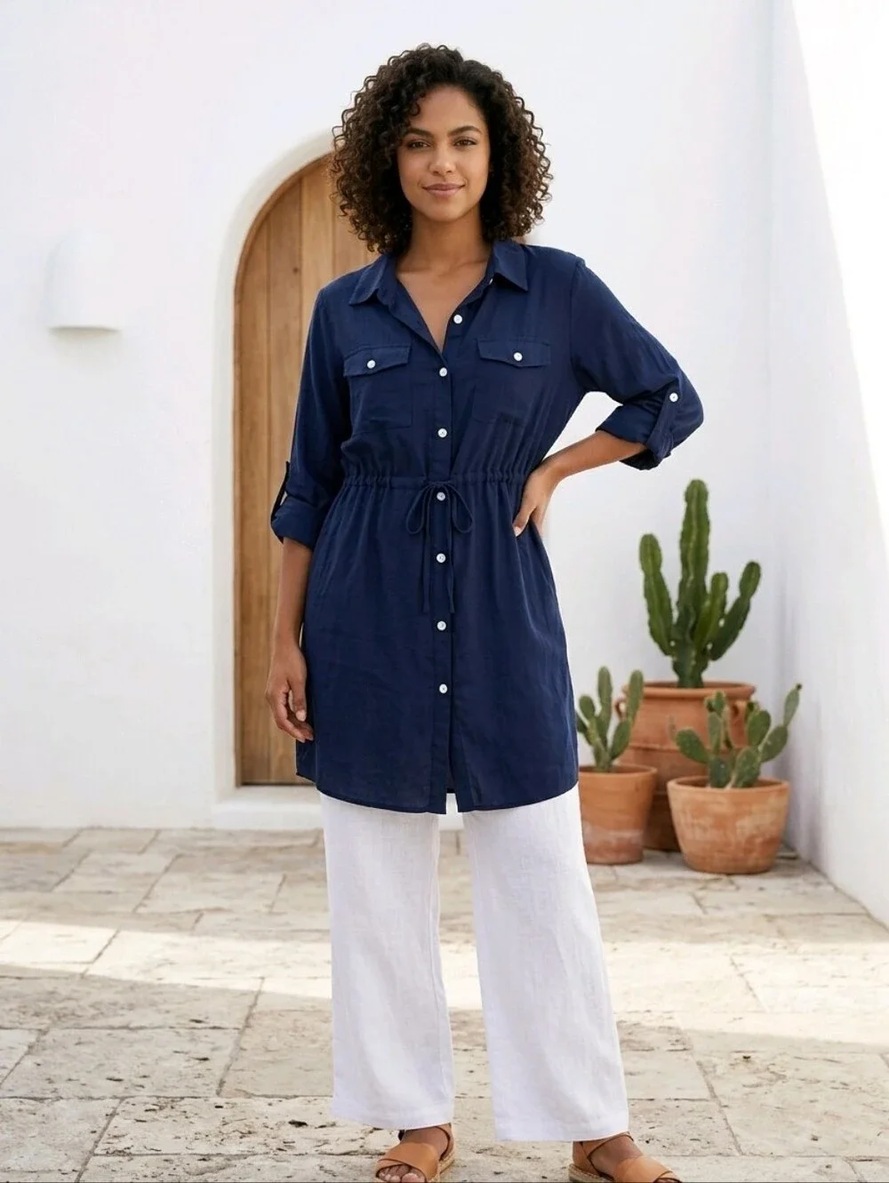 VENUS Navy Shirt Dress Beach Coverup Roll Tab Sleeve Nautical Mini XL Tunic - Picture 5 of 10
